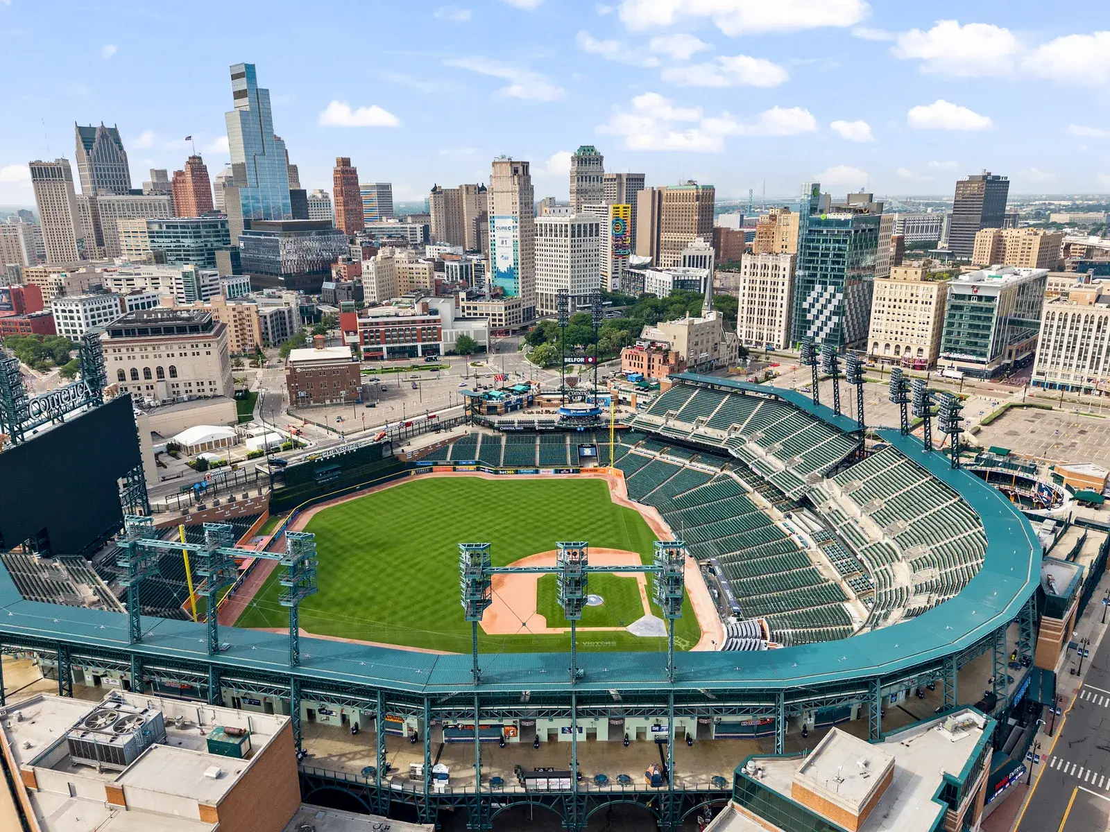 Aerial drone view of Comerica Park, home of the Detroit Tigers, with the Detroit skyline in the background