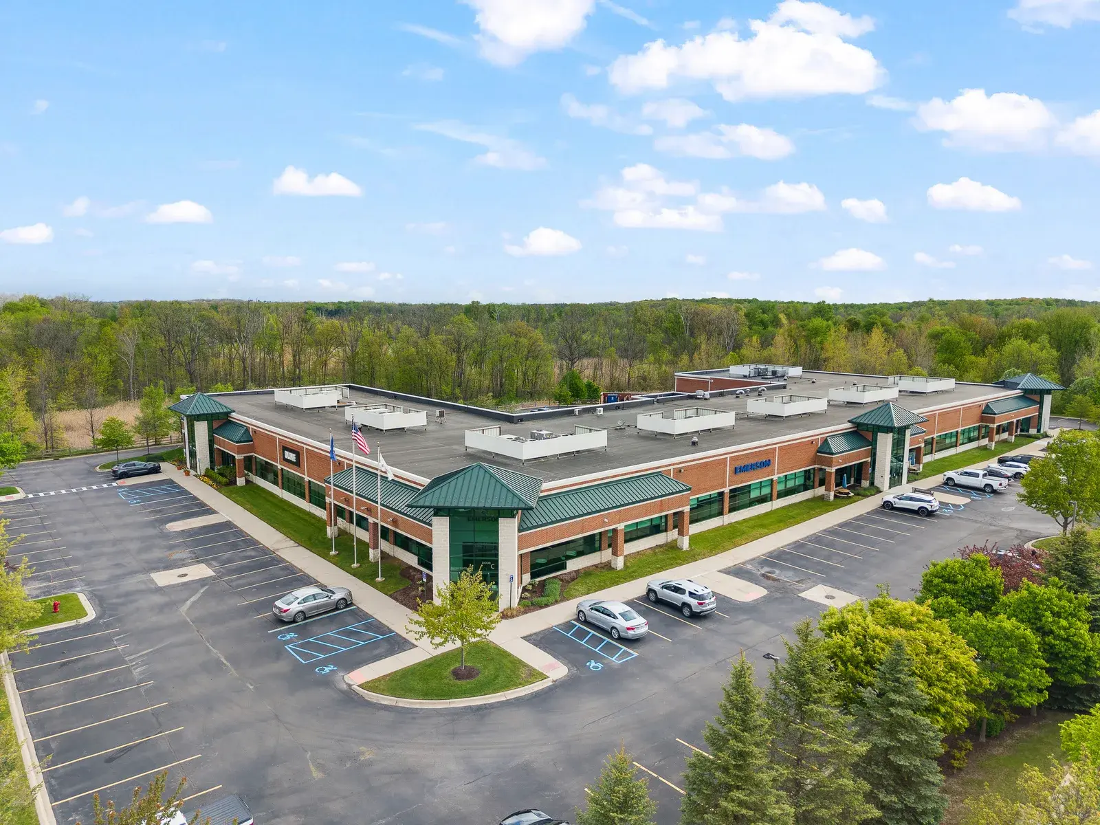Aerial drone view of a commercial plaza