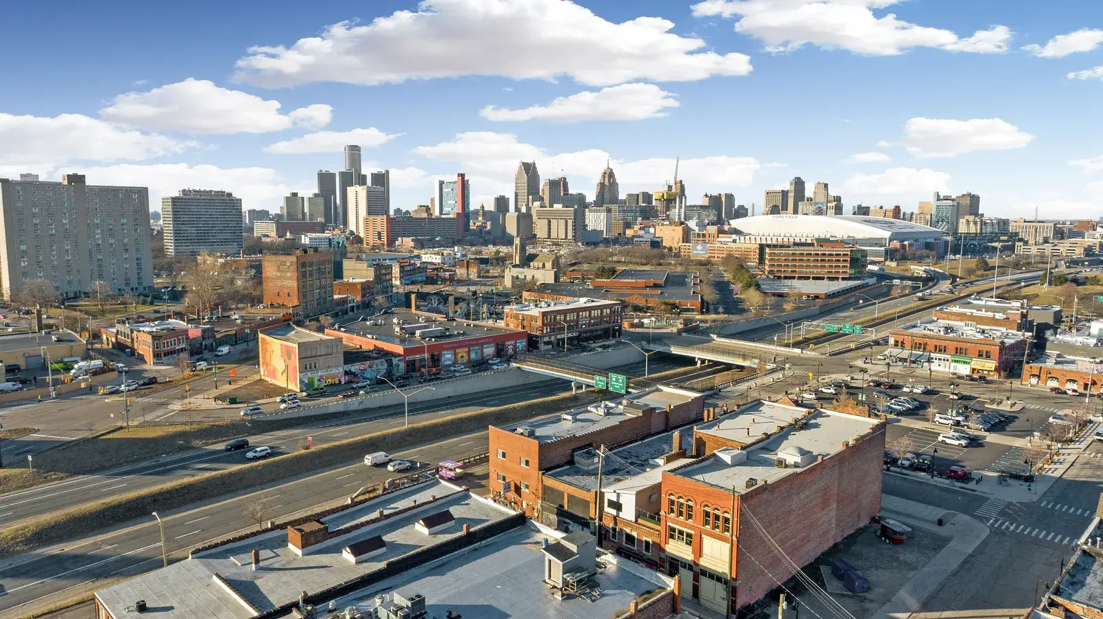 Aerial drone view overlooking the Detroit skyline