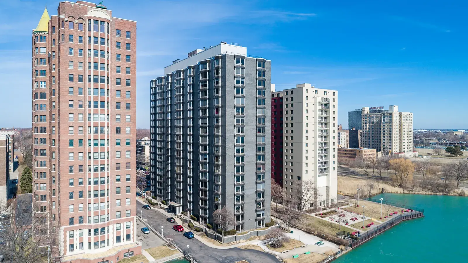 Aerial drone view of high-rise apartment buildings