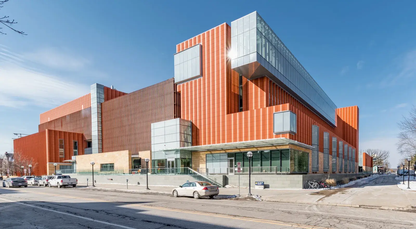 Street-level exterior view of a modern commercial building