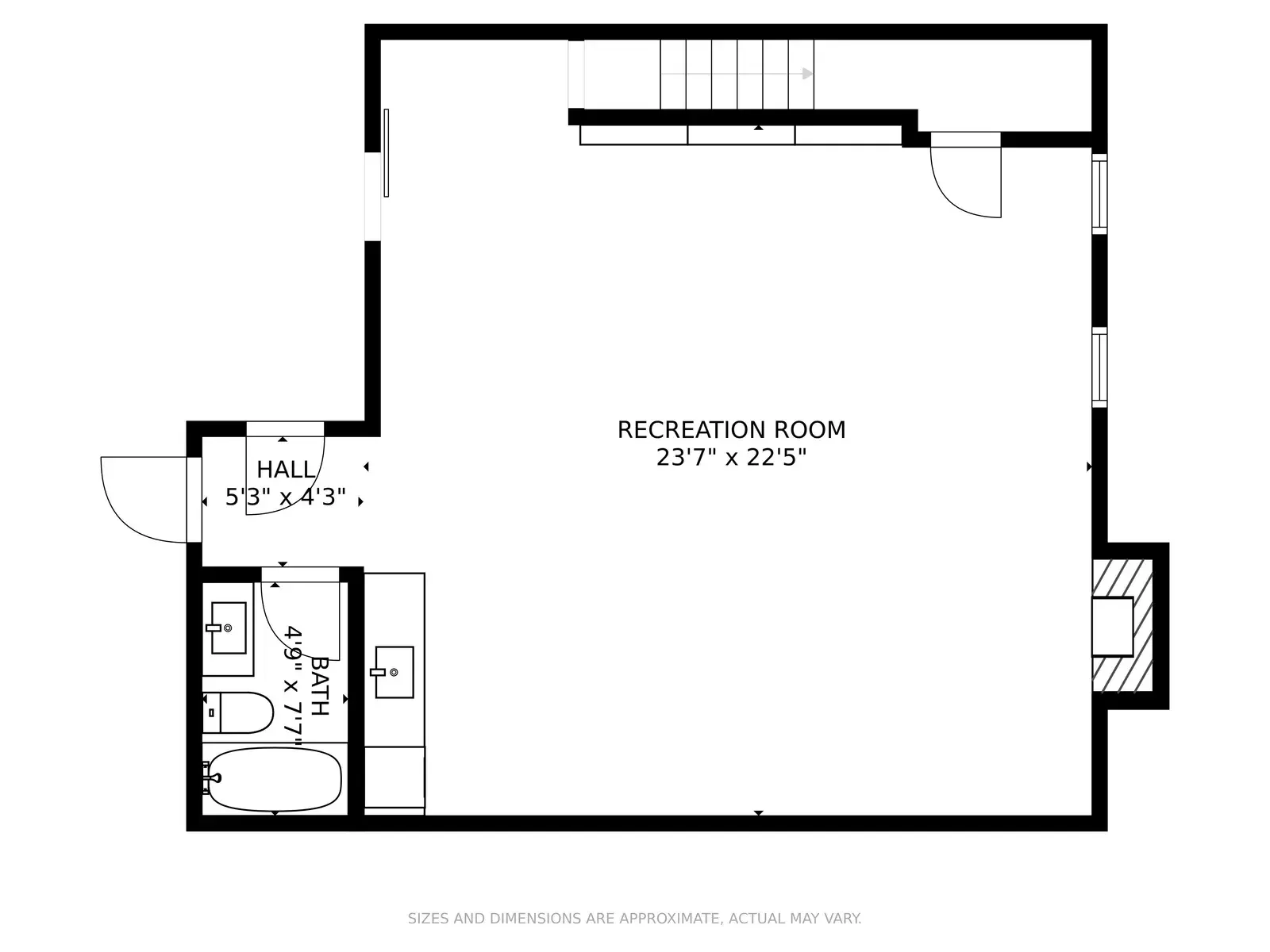 Floor plan diagram of a home's lower level, showing a recreation room, hall, and bath