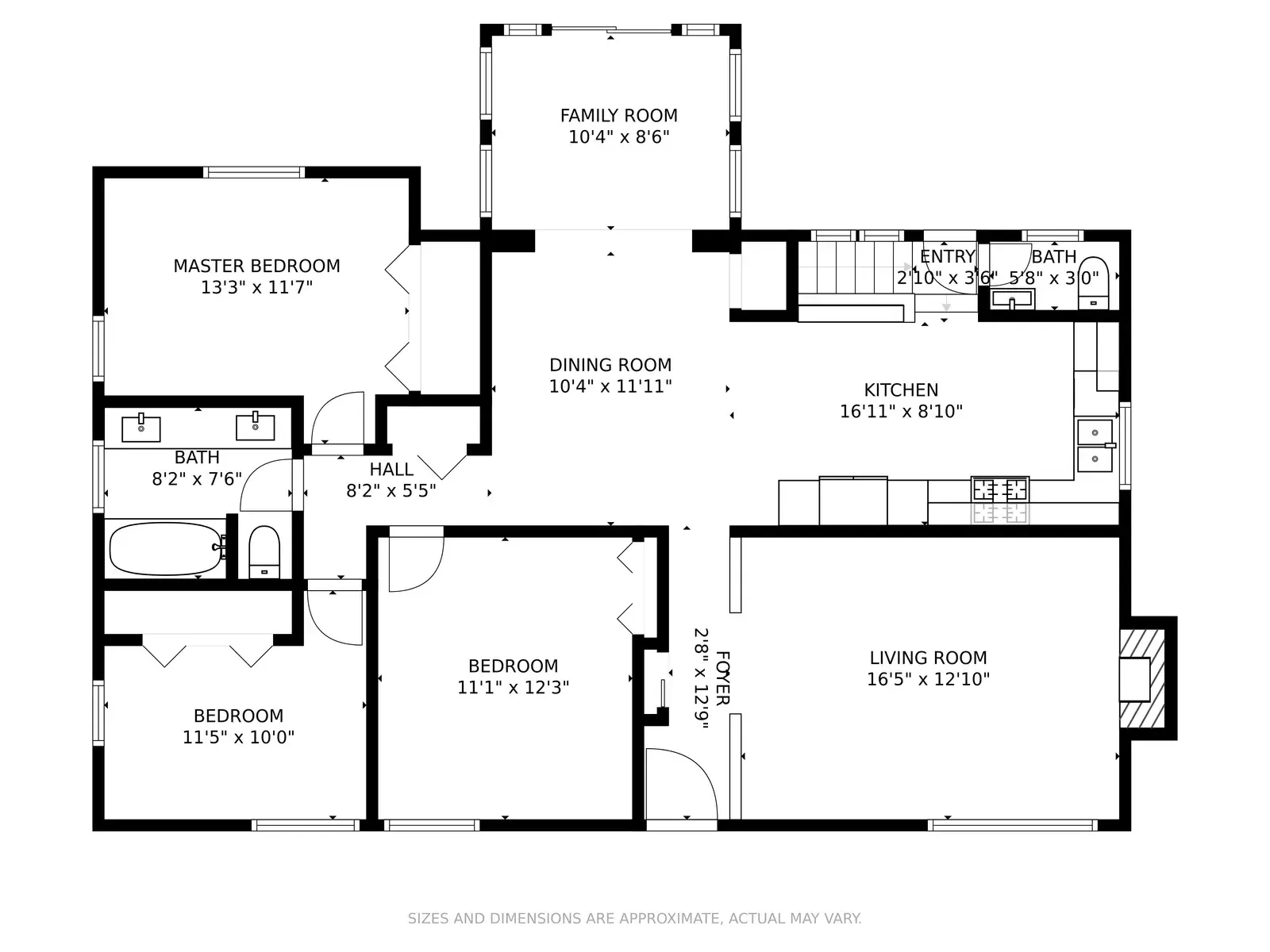 Floor plan diagram of a home's main level, showing labeled rooms and dimensions
