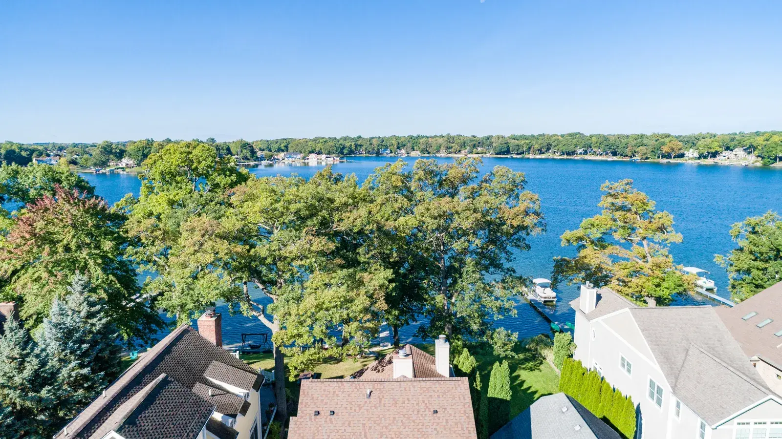 Aerial drone view of lakefront properties