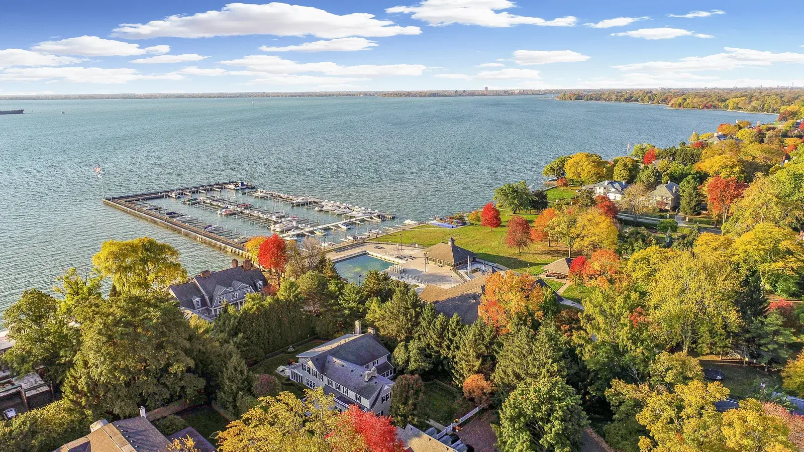 Aerial drone view of a lakeside neighborhood