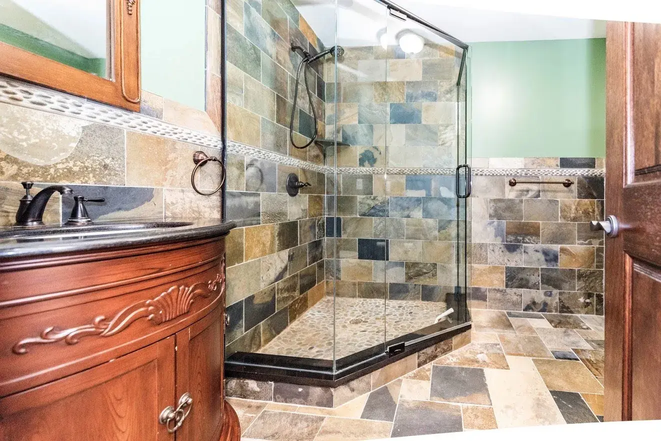 Interior view of a bathroom and shower