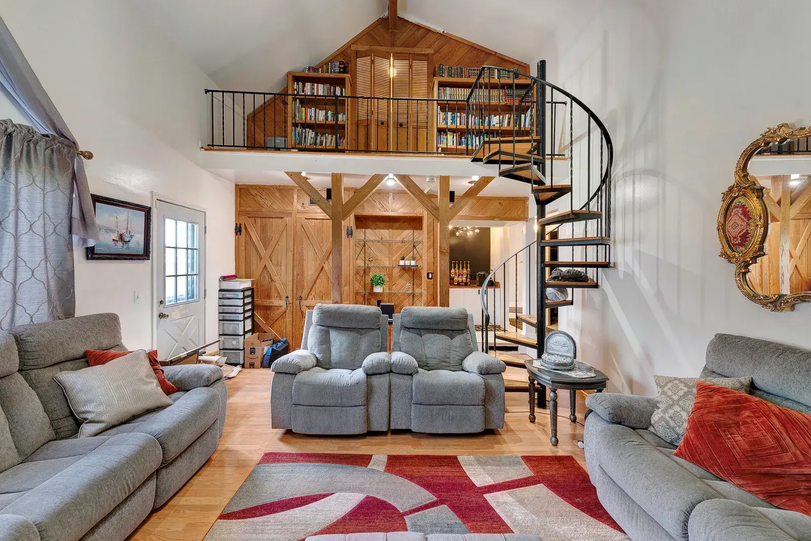 Interior living area of a cabin-style home